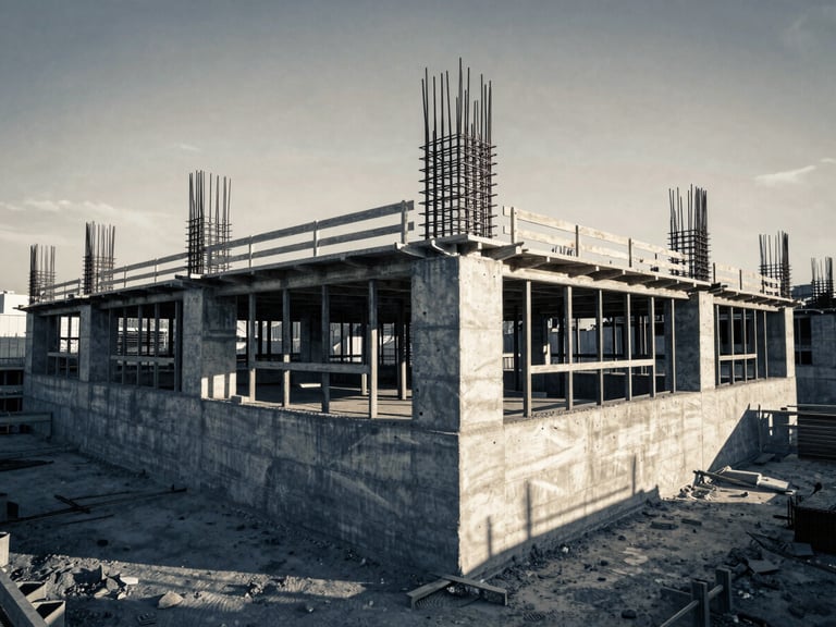Vintage-toned architectural photo of concrete foundation pouring on a construction site, structural steel reinforcement visible.