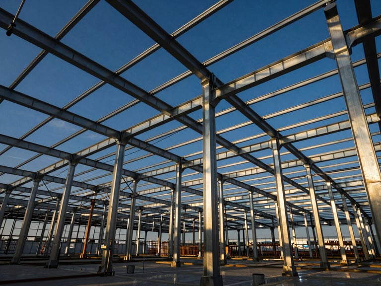 Wide-angle interior shot of a massive steel frame warehouse under construction, blue sky visible through beams, sharp architectural lines, dramatic sunlight