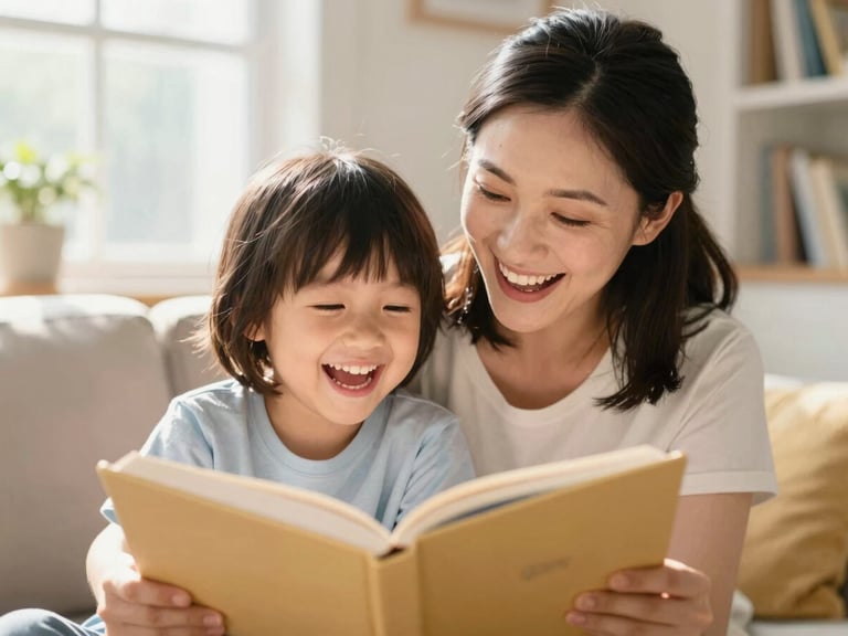 A mother and child laughing while reading a book together in a sunny Ohio living room, warm daylight, candid expression