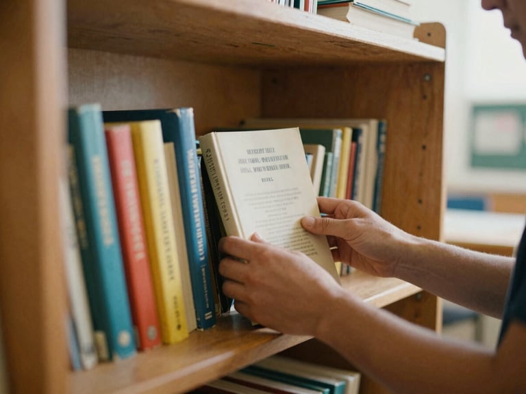 Candid documentary photo of hands organizing newly donated books on a wooden classroom shelf, warm morning light, shallow depth of field.