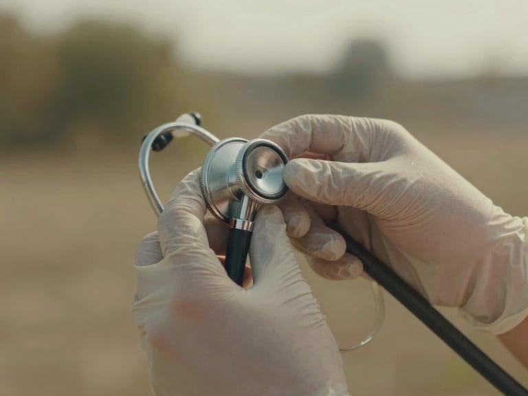 Close-up of hands in medical gloves preparing a stethoscope, warm golden hour light, shallow depth of field, candid documentary style.
