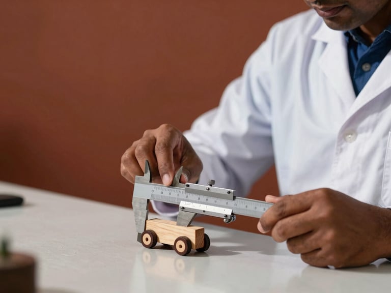 A professional quality inspector using metal calipers to measure the exact thickness of a Channapatna wooden toy on a clean workbench, natural directional light, rich terracotta background, sharp focus.