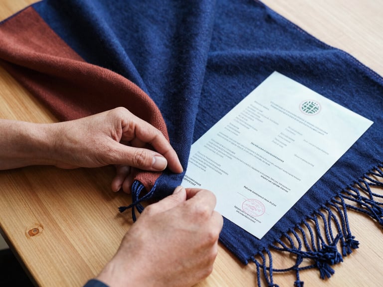 Hands carefully inspecting the weave of an authentic Kashmir Pashmina shawl against a clean wooden table, holding an official GI certificate, natural light, macro detail.