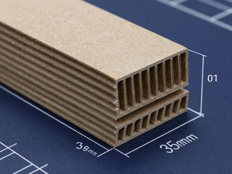 Technical CAD drawing showing cross-section dimensions of 5-ply corrugated fluting, white lines on deep navy background, highly detailed schematic, 35mm