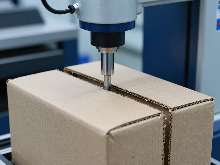 A close-up of a hydraulic compression testing machine crushing a thick 7-ply corrugated box, technical lab setting, cool blue tones, 35mm