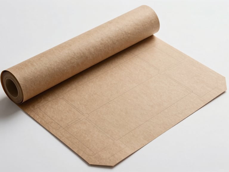 Technical flat-lay studio shot of the unrolled 300g Kraft liner sleeve template, showing precise blueprint lines and die-cut pocket zones, high-contrast clean lighting with subtle shadows, no faces