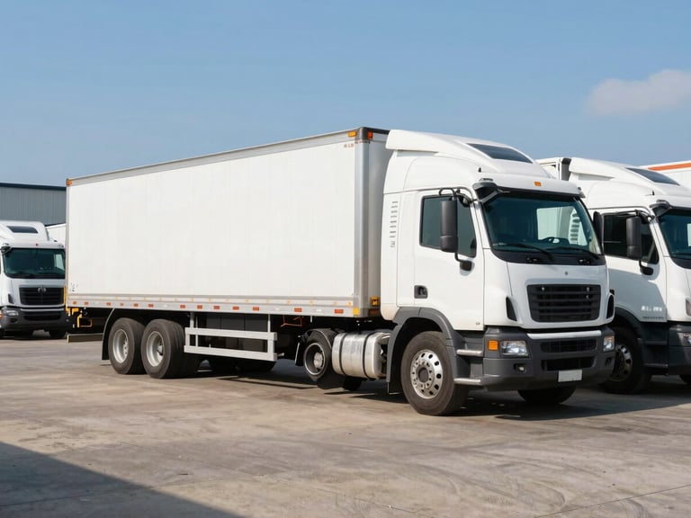 A clean commercial freight truck parked in a Lancaster fleet yard under bright morning daylight, crisp shadows, realistic saturated tones, sharp focus