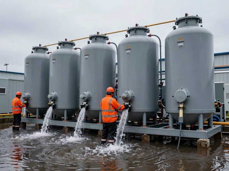 Technicians in safety gear operating industrial-grade desiccant drying equipment in a flooded commercial property, water being extracted, high-contrast cool grays with safety orange accents.