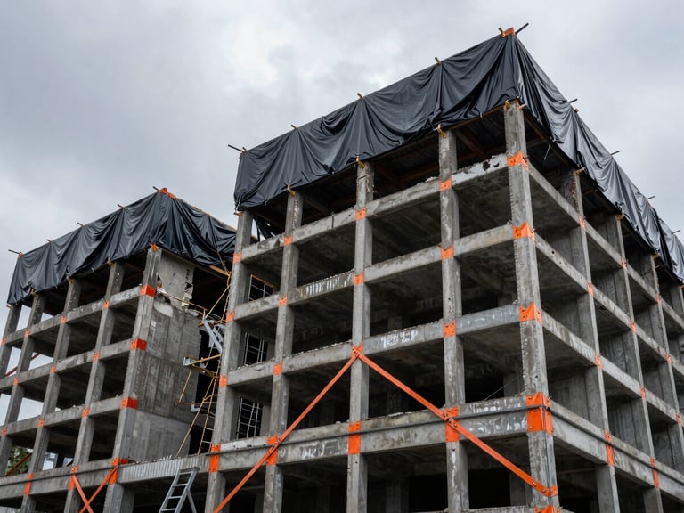 Heavy-duty temporary structural supports stabilizing a storm-damaged building, emergency tarps visible, overcast daylight, wide shot showing scale.