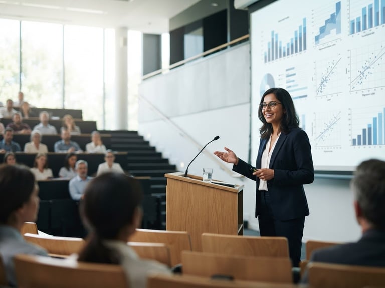 Bright academic lecture hall with natural light, a professional researcher presenting statistical models on a clean screen, 35mm lens.