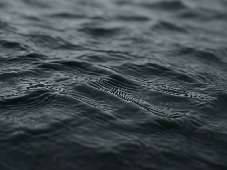 Extreme macro shot of dark water ripples, low-contrast overcast daylight, quiet focus, tactile texture of smooth basalt stone underneath.