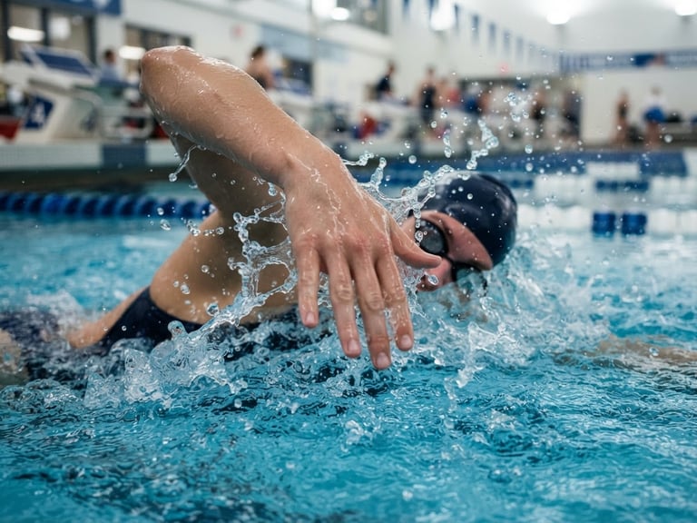 Crisp indoor pool sports photography, close-up of a swimmer's hand fending the water, clear blue water droplets, high-speed shutter, professional lane lines, 35mm