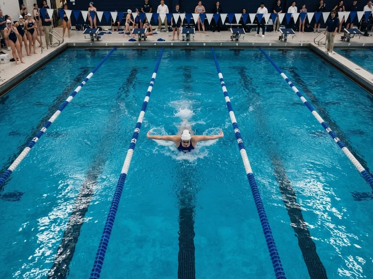 Crisp sports photography, overhead composition of a clean indoor swimming pool with deep blue lane dividers, sharp focus, 35mm