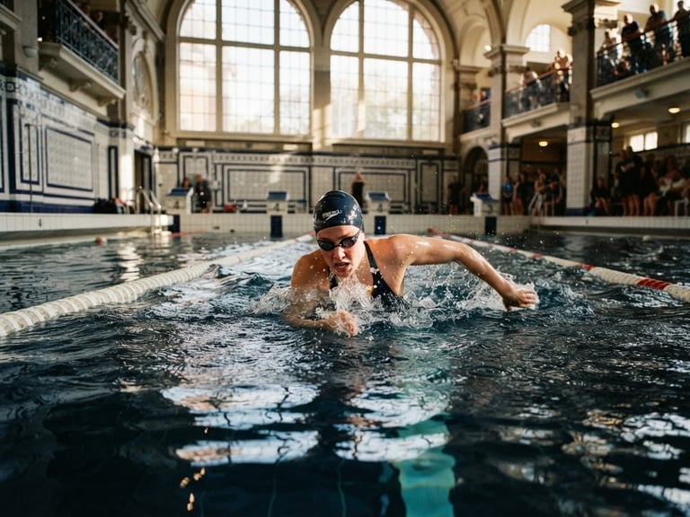Crisp sports photography of a historic tiled indoor pool, natural light streaming through high glass windows, reflecting on deep navy water, 35mm