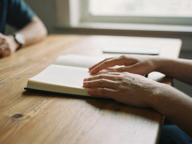 Warm documentary photo of hands holding a journal, with other hands gently placed on top, on a communal wooden table under soft morning light, no faces visible, shallow depth of field.