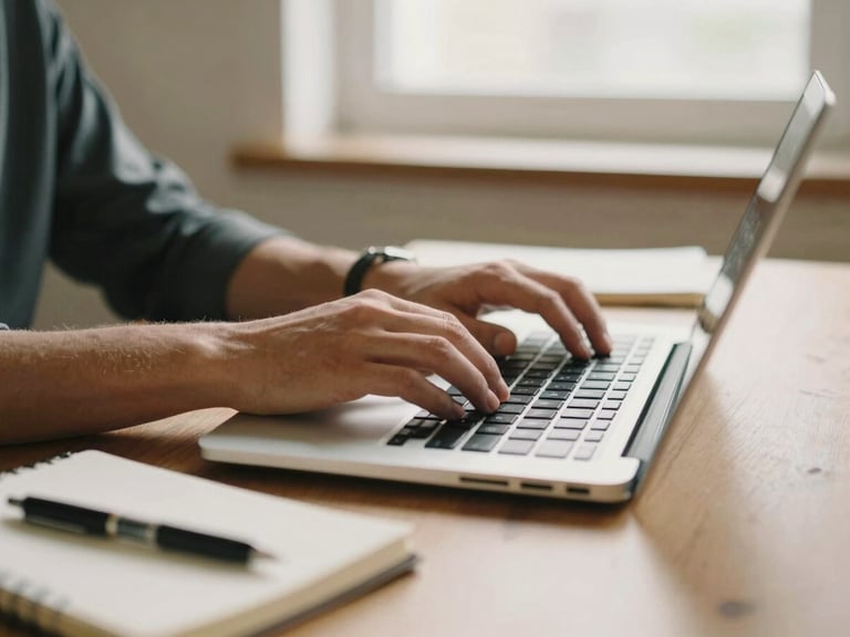 Warm documentary photo of a person's hands typing on a laptop keyboard, a notebook and pen beside it, on a clean desk with natural light from a window, no face visible, shallow depth of field.