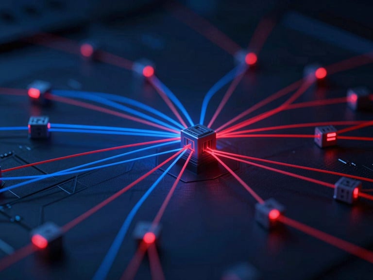 Abstract visualization of data packets flowing through a network, blue and red lines on a dark background, digital art style.