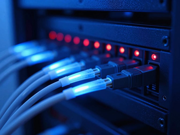 Macro shot of fiber optic cables glowing with blue light, leading into a server rack, cool blue ambient light, sharp red LED accents, 35mm lens.