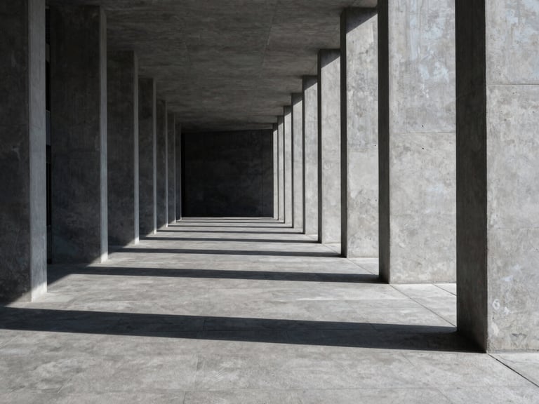 Wide environmental shot of an empty modern architectural space with strong linear perspective, concrete pillars, hard directional daylight casting crisp shadows