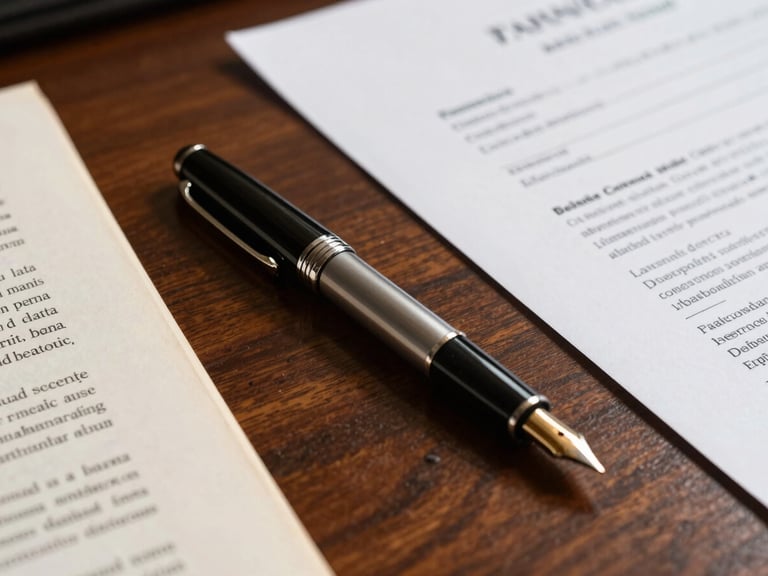 Close-up of a fountain pen resting on a dark mahogany table next to official legal documents with Spanish court stamps, warm natural side lighting casting deep shadows.