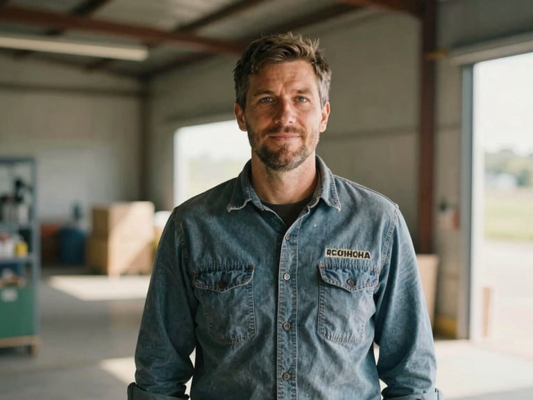 Medium environmental portrait of a local agricultural business owner standing in a sunlit warehouse, warm natural daylight, professional film style.