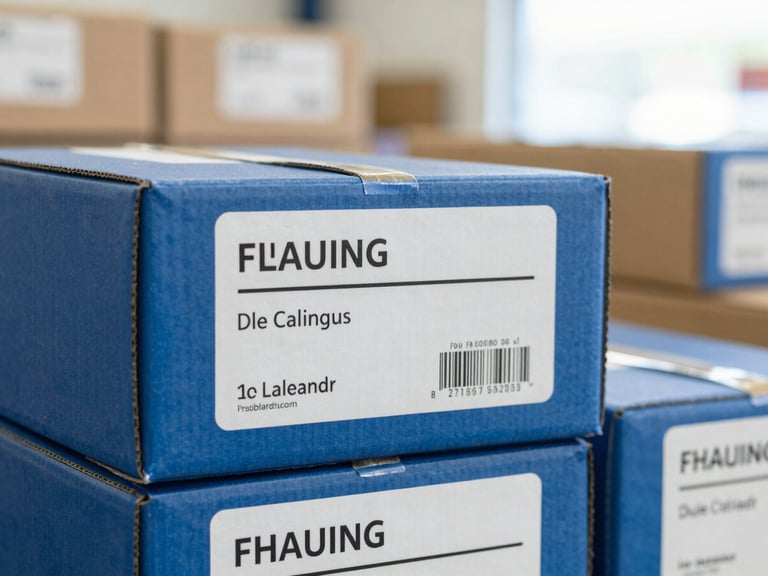 Close-up of labeled cargo boxes in a bright, clean warehouse, natural daylight, sharp focus on shipping labels