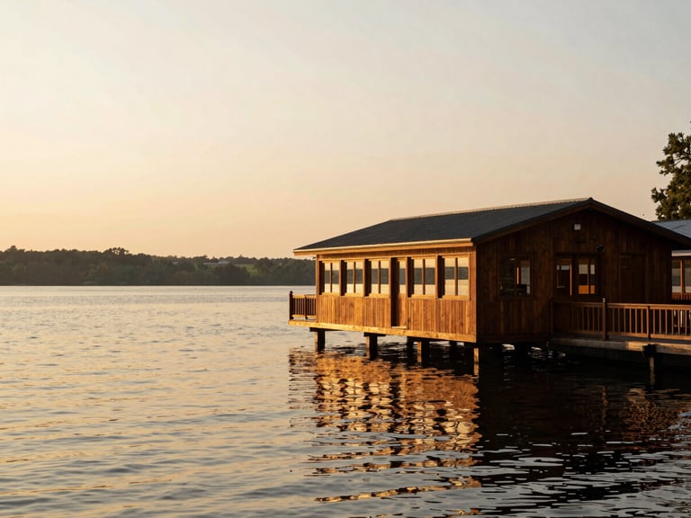 Luxury boathouse reflecting on still lake water, golden hour warmth, wide environmental landscape, warm editorial photography.