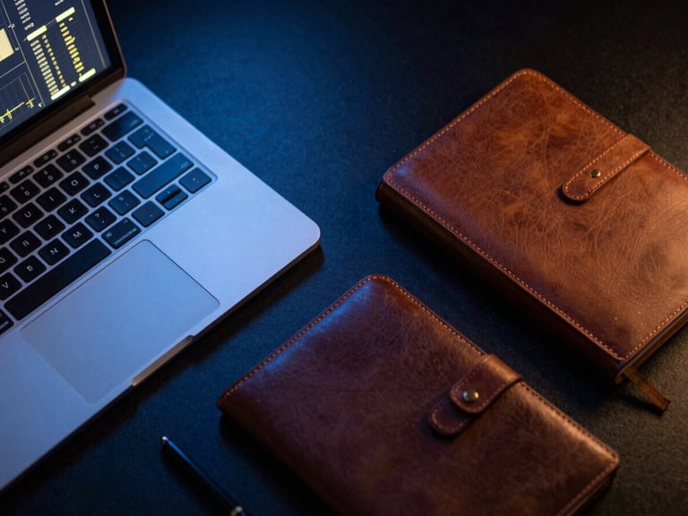 Overhead flat lay of a clean digital workspace, a sleek modern laptop showing glowing gold data charts, a neat stack of leather-bound notebooks, warm low-key ambient light with deep blue tones, 35mm macro focus.