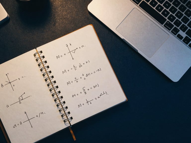 Overhead flat lay of an organized desk with a notebook showing clean mathematical diagrams next to a sleek laptop, warm gold highlights.