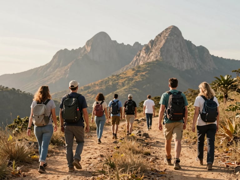 Warm natural photography of tourists hiking in Jaboticatubas mountains, soft sunlight, authentic regional adventure, professional clean tones