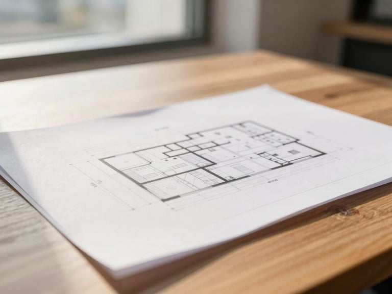 Close-up of modern architectural plans on a wooden desk, warm natural sunlight from a window, shallow depth of field, authentic workspace