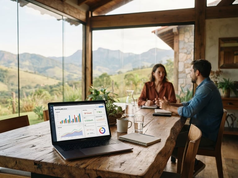Panoramic wide shot of a modern rustic meeting room in Minas Gerais, warm natural light illuminating a wooden table with a laptop showing clean marketing graphs, large window revealing distant green hills of Jaboticatubas, shallow depth of field, 35mm.