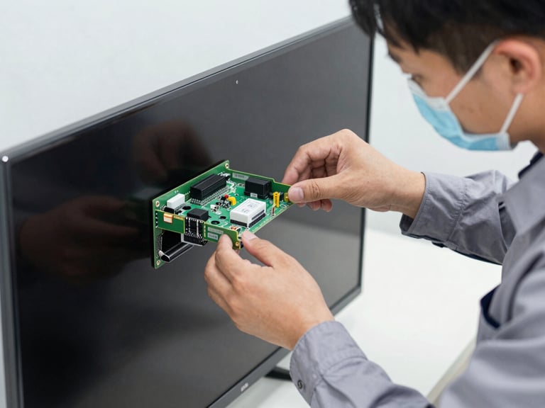 Close-up of a technician in a clean grey uniform carefully installing a new power board into the back of an ultra-thin television panel, bright clinical lighting