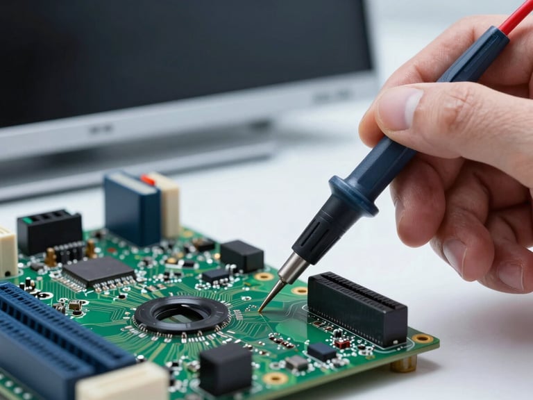 Macro close-up of a technician's hand using a digital multimeter probe on a green motherboard circuit, cool clinical lighting, sharp focus on the probe tip, background showing the back panel of an ultra-thin OLED television