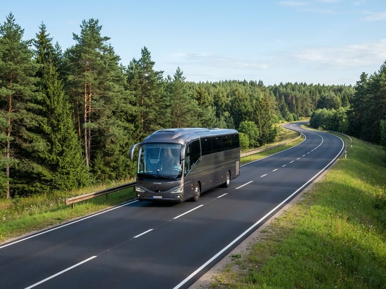 Wide environmental shot of a modern luxury coach bus driving on a pristine scenic highway in Lithuania surrounded by pine forests, bright natural morning daylight, crisp commercial vehicle photography, 35mm lens