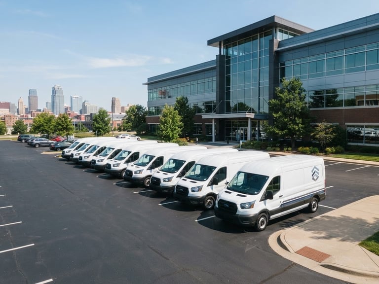 Wide environmental shot of branded fleet vehicles parked in bright daylight outside a modern professional office building in Kansas City, sharp focus, 35mm