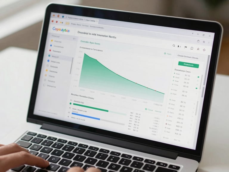 Overhead close-up of a laptop screen displaying a Google Analytics dashboard with conversion funnel metrics and session data, clean desk surface, natural daylight from the left, hands barely visible at the bottom edge of the frame