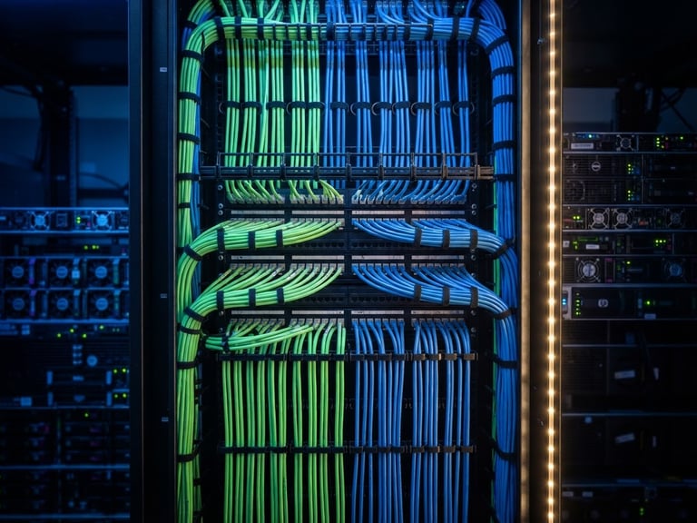 Close-up of a perfectly organized server rack with neon green and blue ethernet cables running in neat parallel lines, labeled patch panels, sharp focus, professional tech photography, 35mm lens.
