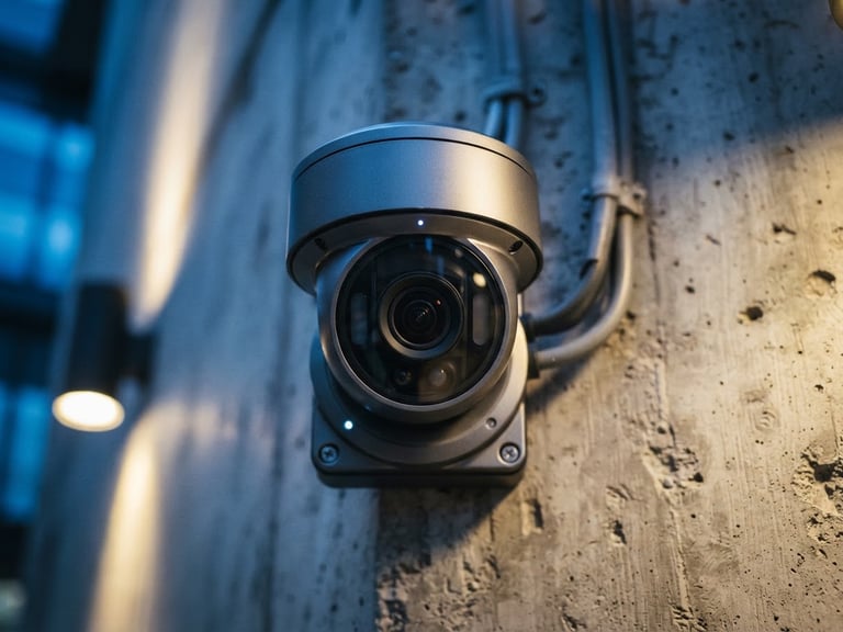 Close-up of a high-end security camera mounted on a modern concrete wall, sharp focus, cool blue lighting, professional tech photography, 35mm lens