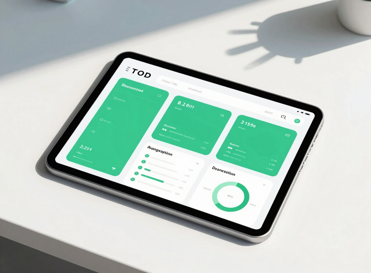 Clean overhead desk layout with a modern tablet displaying a clear, secure software dashboard with green metrics, bright natural daylight, soft shadows.