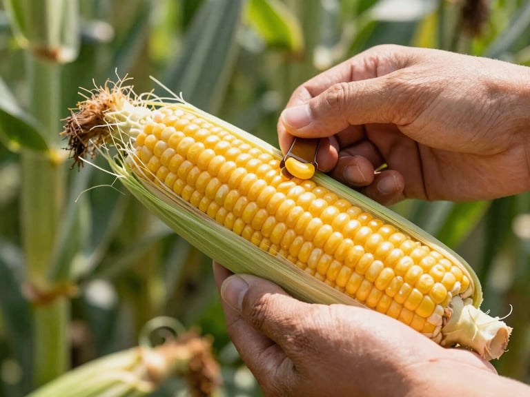 Close-up of hands shucking a fresh green ear of corn, golden kernels peek out, warm Tennessee sunlight filtering through trees.