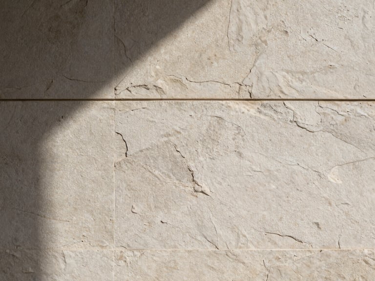 Detail shot of a textured stone wall, sharp sunlight casting defined shadows, emphasizing rough and smooth surfaces. Editorial architectural photography, sharp details.