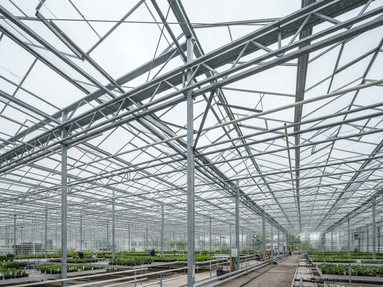 Low-angle architectural shot of a massive commercial glass greenhouse structure under bright overcast daylight, showcasing heavy-gauge galvanized steel trusses and precise engineering lines.