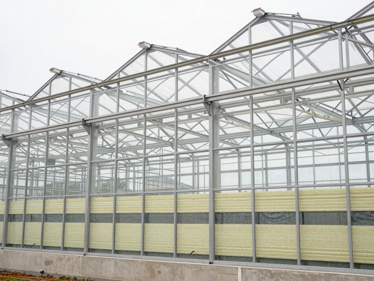 High-contrast technical schematic highlighting thermal insulation layers within a greenhouse wall, industrial architectural style.
