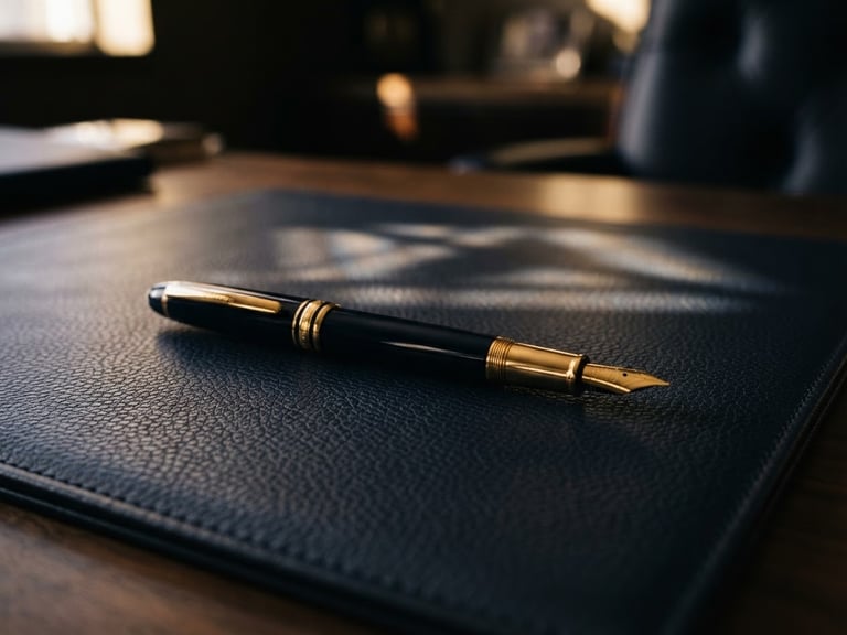 Close-up of a fountain pen resting on a dark, high-quality leather desk pad, with abstract geometric light patterns reflecting softly on the surface, low-key dramatic interior lighting, warm highlights, 35mm, high contrast.