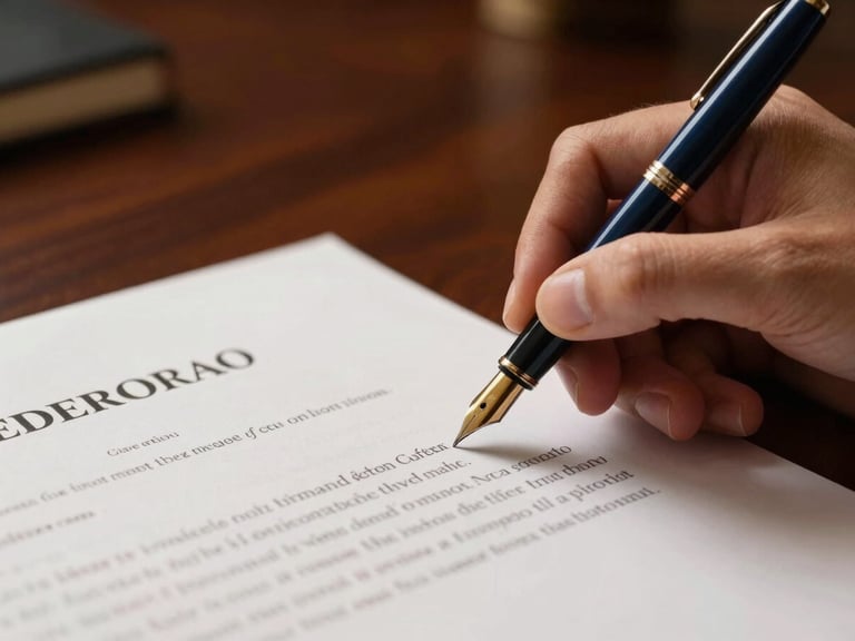 Close-up of a fountain pen signing a confidential financial document on a dark mahogany desk, soft warm interior light, tight macro shot, editorial corporate photography, deep navy and warm gold tones, high contrast.