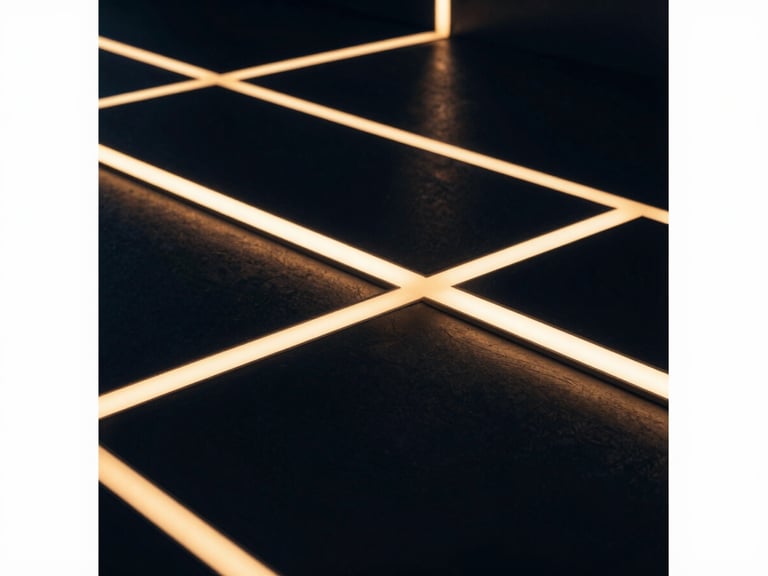 Abstract geometric light patterns on a polished dark surface, creating a sense of depth and structure, low-key dramatic interior lighting, warm highlights, editorial corporate photography, deep navy and warm gold tones, high contrast.