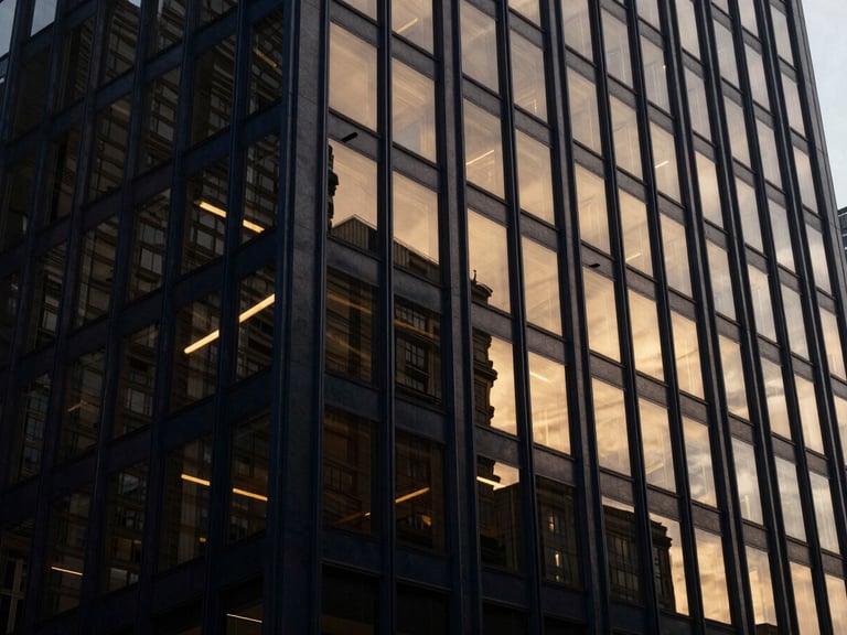 Wide architectural shot of a modern financial district building facade reflecting abstract geometric light patterns, overcast exterior light, editorial corporate photography, deep navy and warm gold tones, high contrast.