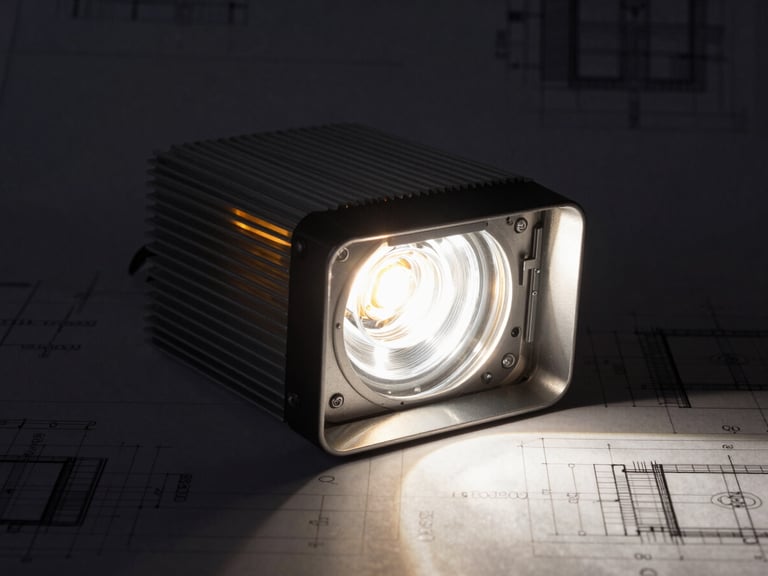 Close-up of a high-end architectural LED linear fixture with exposed precision lens and aluminum heat sink, dramatic side lighting, technical blueprint background
