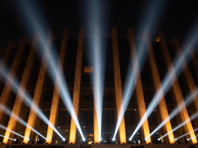 Dramatic wide angle night photography of a modern architectural facade in Al Khobar, illuminated with sharp amber and cool-white directional light beams, reflecting off steel and glass, high-contrast, medium format